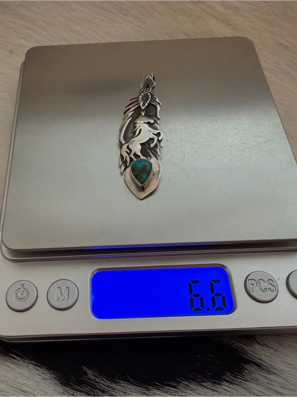 ❤️Kingman Turquoise Sterling Feather HandStamped Statement Rearing Horse Pendant
